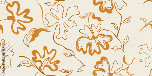 Organic overlapping flowing floral line art seamless pattern. Abstract big petal flower outline design.