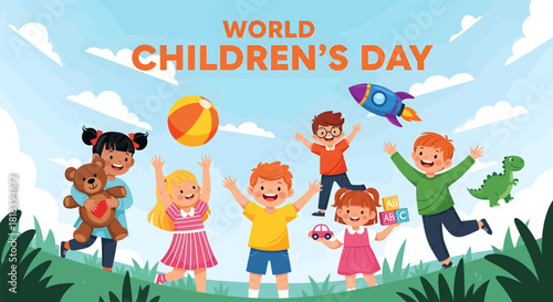 A vibrant illustration celebrating World Children's Day with happy kids playing outdoors among toys and nature under a blue sky.