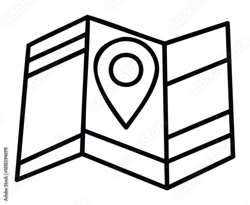 Basic outline of a folded paper map displaying a large central location pin marker, ideal for digital navigation, travel planning interfaces, and geographic searching tools.