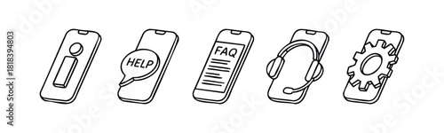 Mobile phones with icons for information, help, FAQ, customer service, and technical settings are suitable for modern web and application interface solutions