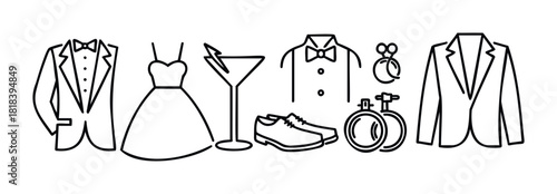 Elegant collection of formal attire icons featuring a tuxedo, strapless gown, cocktail glass, dress shirt, polished shoes, and classic cufflinks, perfect for event planning and celebratory