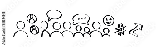 A collection of hand drawn doodle style icons representing diverse people engaged in communication, social networking, and expressing ideas, perfect for modern digital media presentations