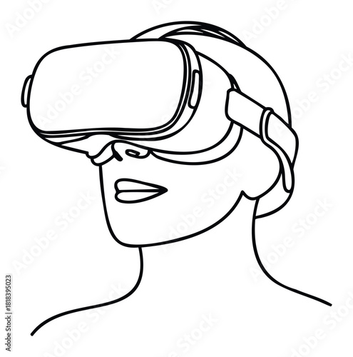 Minimalist line drawing of a person experiencing virtual reality with a modern VR headset, suitable for technology websites, digital media, and future innovation presentations