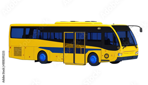 A bright yellow and black passenger vehicle on a black background