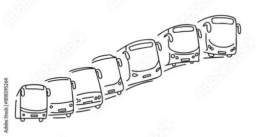 A dynamic line of public transportation buses moving in a diagonal sequence, symbolizing a journey or efficient logistics for various educational or business presentations
