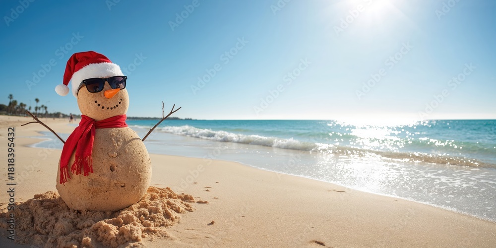 Fototapeta premium Sand snowman built for winter amusement, seasonal play