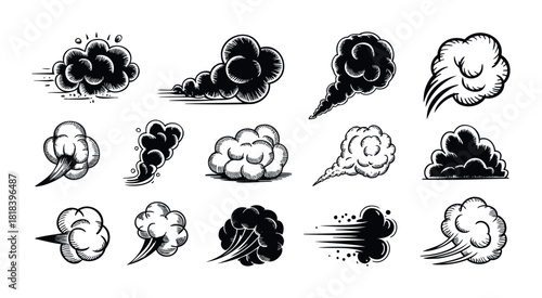 Dynamic collection of handdrawn smoke clouds and speed trail effects for comic books, animation, video games, and graphic projects requiring energetic movement