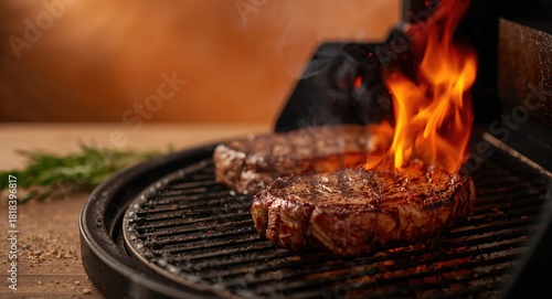 Steaks being grilled over o...