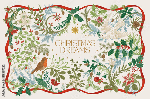 The Christmas dreams. Botanical vintage frame. Greeting card.  Colorful
