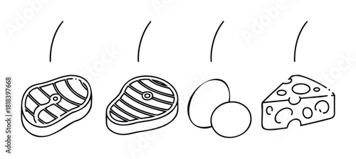 Simple line icons depicting essential high protein foods such as grilled steaks, fresh whole eggs, and a wedge of cheese, useful for educational materials, dietary planning, or meal