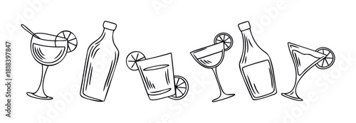 Collection of refreshing summer beverages and liquor bottles perfect for marketing alcoholic drinks, bar menus, party invitations, or celebrating holidays and social gatherings