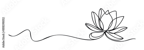 Elegant continuous line drawing of a blooming lotus flower representing purity and peace, ideal for wellness, spa, yoga, or spiritual branding and meditative decor.