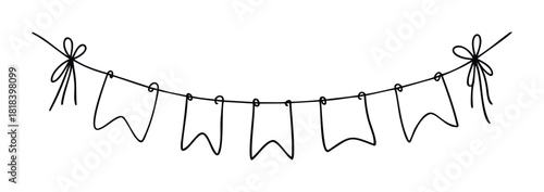 Simple hand drawn black outline party banner with flags and bows for celebration decorations or invitation graphic overlays