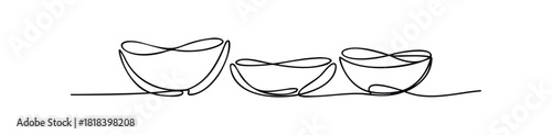 Minimalist continuous line drawing depicting abstract bowls with infinity symbols, perfect for modern branding, cafe logos, hospitality decor, or graphic design projects.