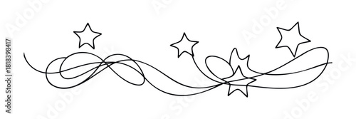 Dynamic black continuous line drawing illustrating a whimsical flowing swirl adorned with multiple outlined stars, perfect for adding a minimalist decorative border or magical flourish to