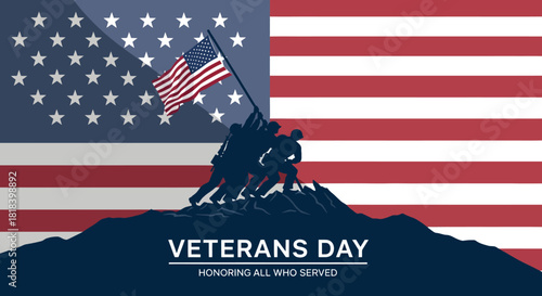 Veterans Day banner with silhouette of soldiers raising the American flag, honoring all who served.