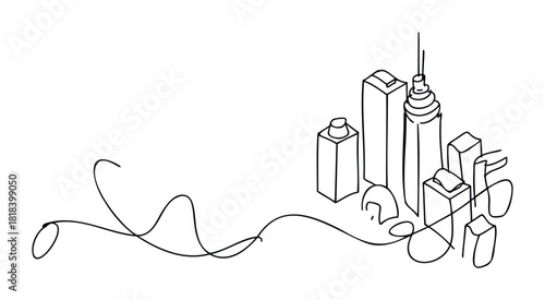 Abstract continuous line drawing depicting a minimalist urban skyline with modern buildings, perfect for graphic design templates and stylish header backgrounds.