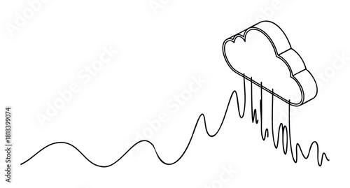 Isometric cloud computing symbol releasing a wavy line graph, representing data processing, digital information, and market fluctuations, useful for technology presentations and business