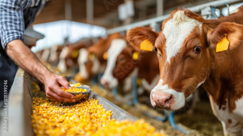 Farmer feeding brown and white cows with yellow corn in barn, showing close up of livestock and agricultural care