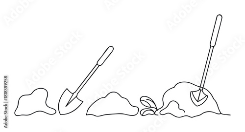 Gardening shovels and piles of soil with young plant sprouts, demonstrating the process of planting and nurturing, valuable for agricultural education and garden product advertising.