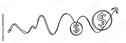 Single continuous line drawing illustrating a dynamic financial graph with dollar symbols and an upward arrow, visualizing economic growth, market trends, and investment success for finance