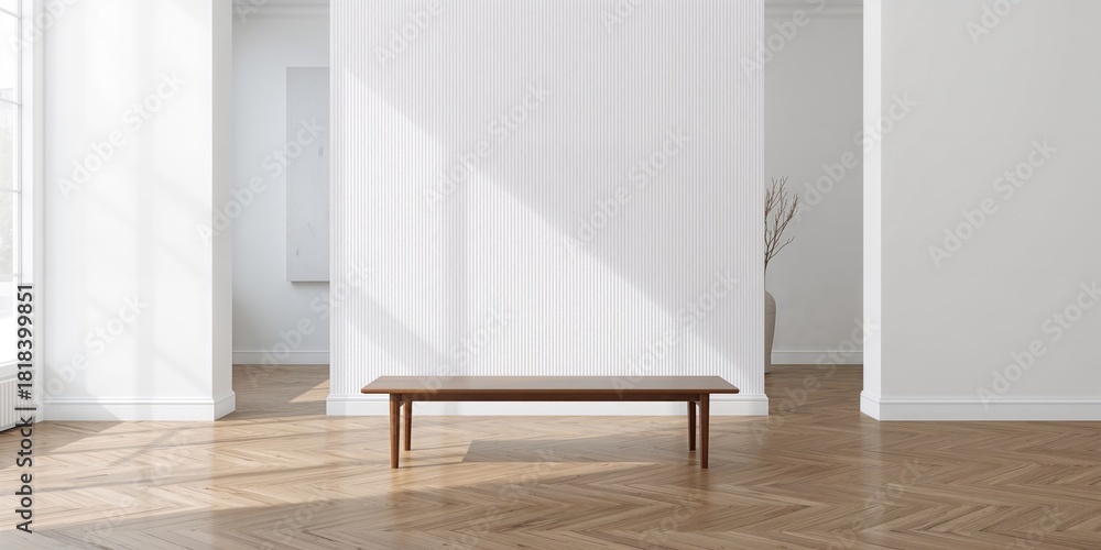 Fototapeta premium Living room with white patterned wall used as a background for interior design layouts, neutral decor theme