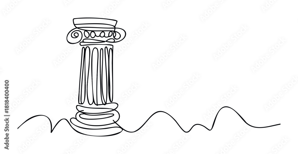 Naklejka premium Continuous line drawing depicting an ancient Ionic column with a flowing base, ideal for educational content, historical presentations, or minimalist graphic projects