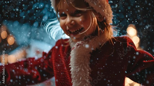 Una niña con un gorro de Papá Noel mira hacia arriba con una sonrisa radiante, envuelta en la atmósfera mágica de la Navidad.