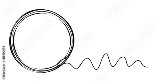 Abstract black messy circle drawing with a dynamic wavy line extending from its base creates a playful graphic element suitable for modern web interfaces, presentations, or print media.