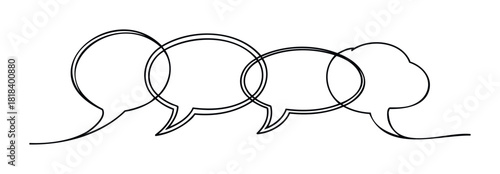 Vector graphic of four interconnected speech bubbles drawn with a single continuous line, ideal for depicting conversation and shared ideas in presentations