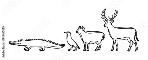 Minimalist continuous line drawing depicting diverse wildlife animals including a crocodile, a small bird, a sheep, and a majestic deer, ideal for naturethemed graphic projects and
