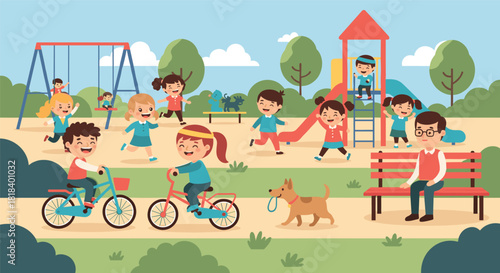 Joyful diverse children riding bicycles, running, swinging, and sliding on outdoor playground equipment in a sunny park, illustrating healthy childhood activity and fun.