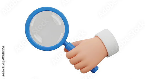 3d cartoon hand holding blue magnifying glass, search concept