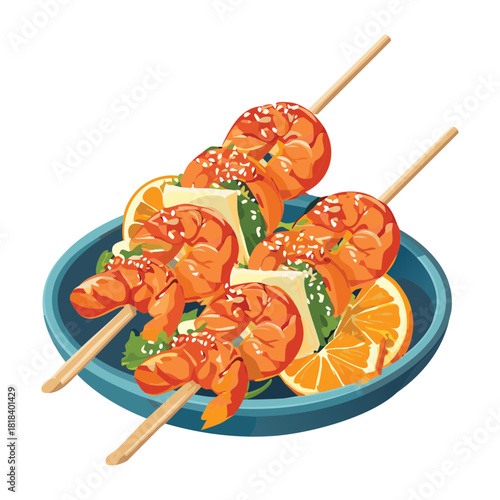 Mouthwatering Shrimp Skewers Glazed with Spicy Orange and Sesame Sauce Served with Fresh Citrus Slices on a Dinner Plate - Vector Illustration