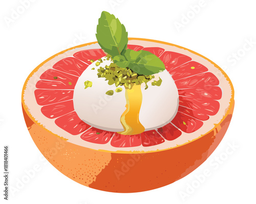 Artistic Close-Up of a Decadent Sweet Dessert or Appetizer with Burrata Pesto and Pistachio Resting on a Juicy Grapefruit Half Sphere - Vector Illustration