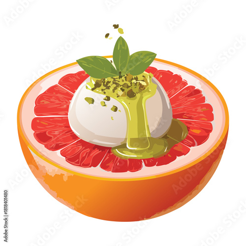 Top View of a Trendy Gourmet Appetizer featuring Burrata Cheese Garnished with Pesto and Chopped Pistachio on a Bright Red Grapefruit Slice - Vector Illustration