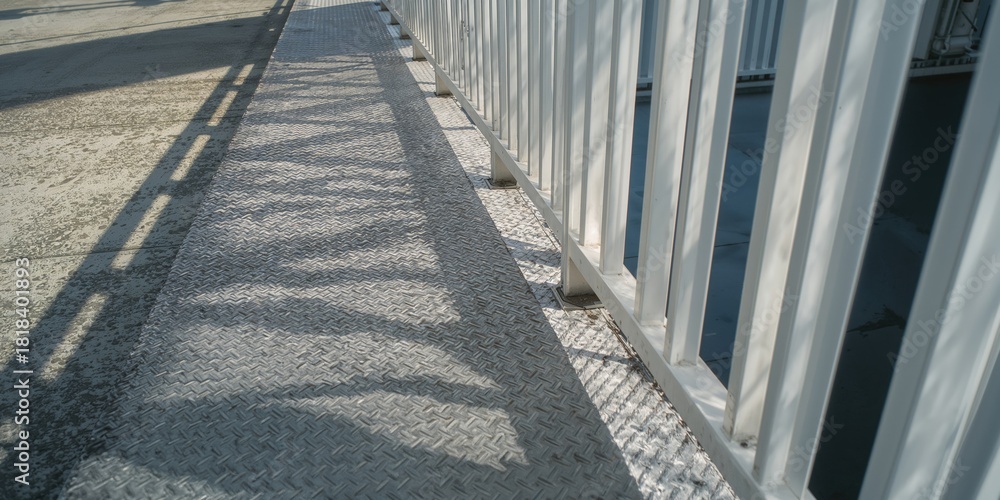 Fototapeta premium Overpass with checkered steel steps and serrated shadow of railing, emphasizing safety features in urban infrastructure