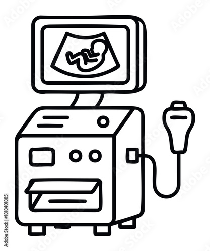 Diagnostic ultrasound machine for prenatal care showing a fetal scan on the monitor, representing modern medical technology and healthcare services for expectant mothers