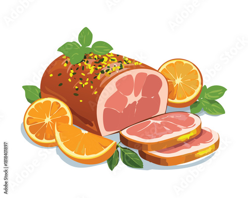 Top View of a Sliced Glazed Ham or Roast Pork with Orange Slices and Fresh Herbs, perfect for a Festive Holiday Main Course - Vector Illustration