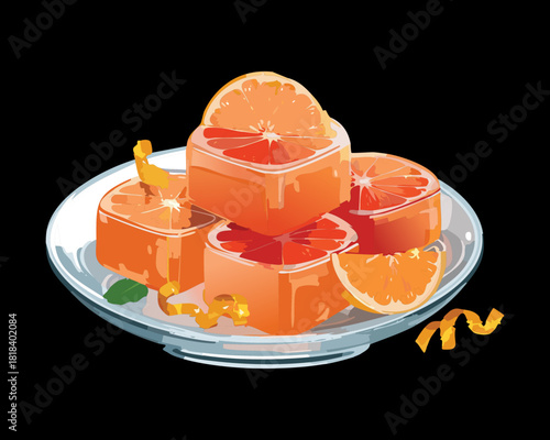 Collection of Pink Grapefruit Cubes or Jellies with an Orange Segment on Top, presented on a Clear Plate for a Sweet and Zesty Treat - Vector Illustration