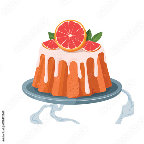 Elegant molded pudding cake decorated with a slice of pink grapefruit and a cascade of pastel pink glaze, sophisticated dessert - Vector Illustration