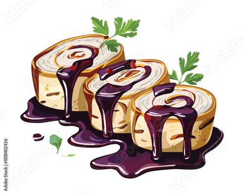 Sweet sushi-style rolls drizzled with rich dark chocolate syrup and a delicate fresh herb garnish, an artistic dessert presentation - Vector Illustration