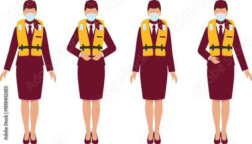 Flight attendant demonstrating airplane safety procedure with life jacket and face mask, covid protection, aviation safety training illustration