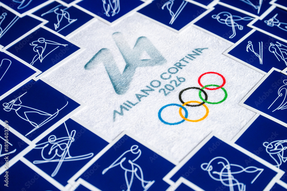 Fototapeta premium Milano and Cortina 2026, Winter Games Branding, Official Pictograms, and Visual Background
