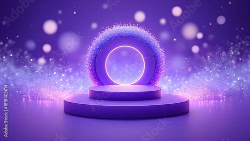 A vibrant and futuristic stage design in shades of purple and pink, with a glowing ring and circular platform, creating a modern and elegant atmosphere.