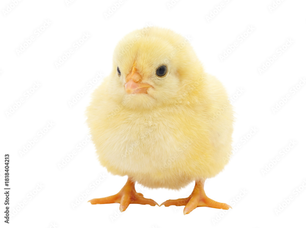 Fototapeta premium Adorable yellow baby chick isolated PNG, fluffy newborn bird on transparent background, domestic animal for Easter and spring themes