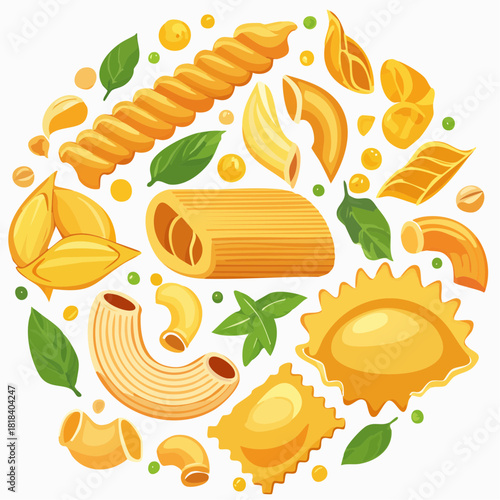Italian Pasta Variety Illustration – Assorted Noodles in Circle Composition