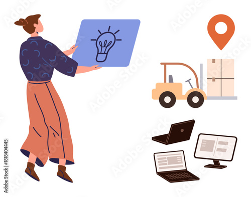 Woman holding light bulb idea board, forklift transporting box, and digital screens with map. Ideal for innovation, logistics, delivery, creativity, digital solutions teamwork remote work. Simple