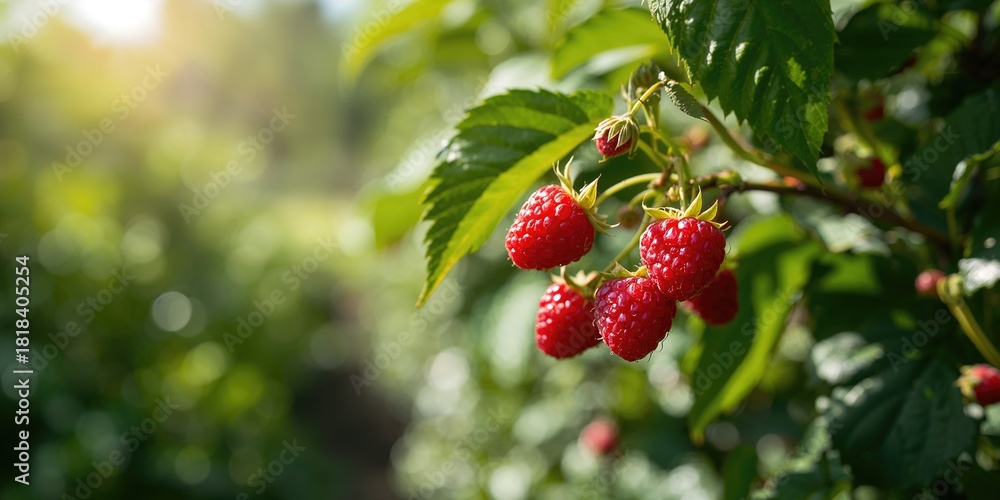 Obraz premium Raspberries on a bush in a fruit garden, emphasizing natural growth and harvesting practices