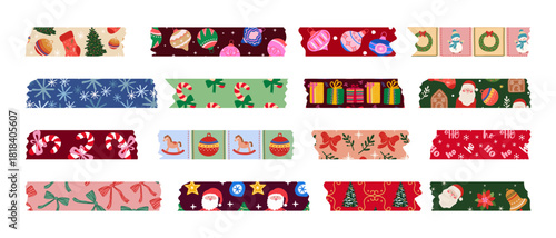 A collection of decorative washi tape with Christmas and New Year themes, featuring holiday ornaments, Santa Claus, snowmen, and candy canes for crafts and gift wrapping.